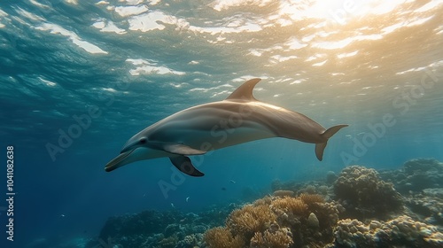 Dolphin swimming gracefully in clear blue ocean waters.