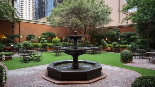 Serene Garden with Fountain in Urban Setting