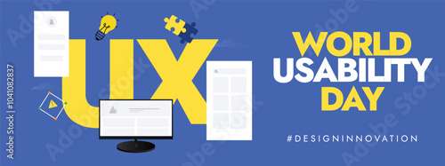 World Usability day. 11th November World UX day celebration cover banner with monitor, UX written in yellow font. The day encourages designers, developers to focus on the needs of users for Efficiency