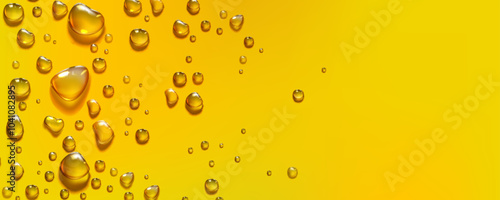 Yellow horizontal background with water droplets border. Realistic 3d vector illustration of glass smooth surface with condensation drops pattern. Clear moisture gel or spray splatter beads.