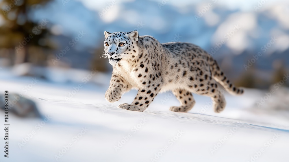 Naklejka premium Snow Leopard Prowling in Winter Mountain Landscape