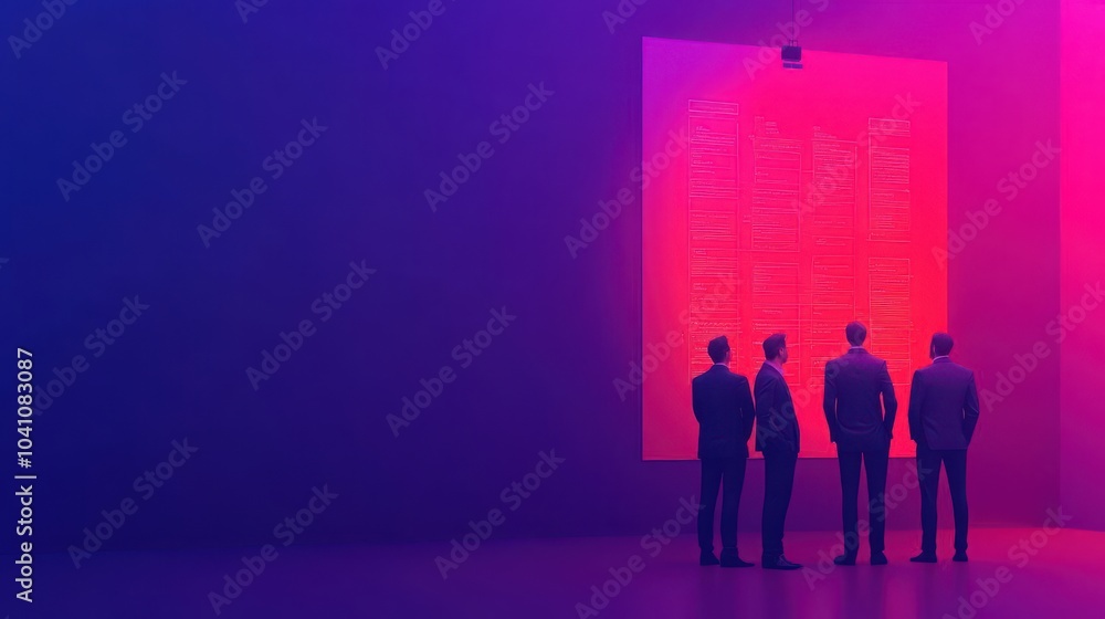 Fototapeta premium Four business professionals standing in silhouette against a colorful, abstract backdrop, showcasing collaboration and innovation.