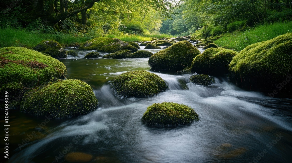 Obraz premium Mossy Rocks Beside a Serene Mountain Stream