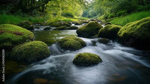 Mossy Rocks Beside a Serene Mountain Stream