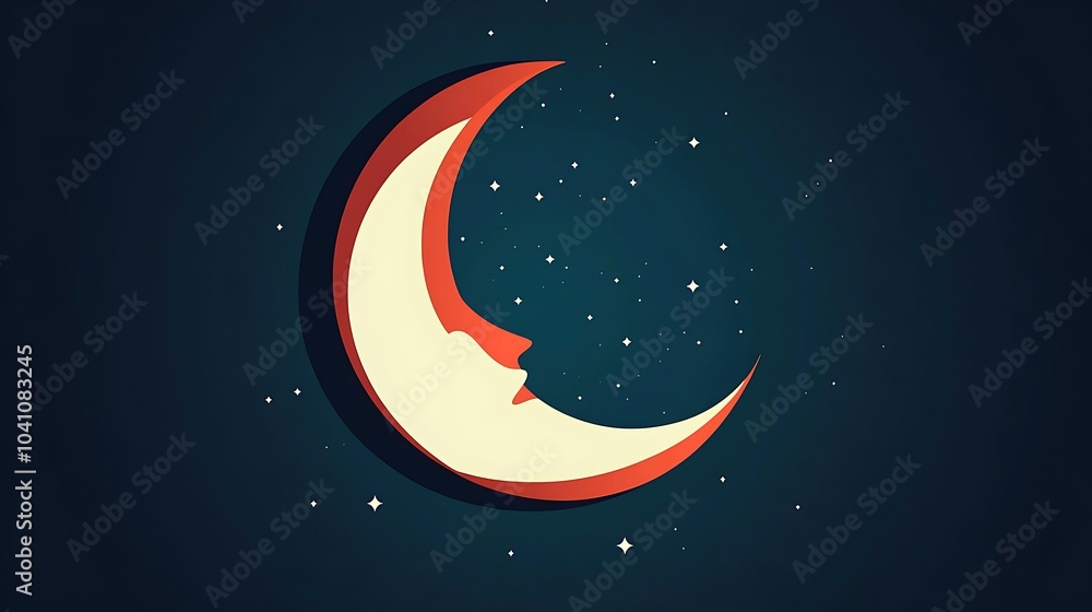 Naklejka premium A flat night sky with a glowing crescent moon, soft stars twinkling, deep navy blue background, clean geometric shapes, smooth color transitions, minimalist and peaceful, hd quality, simple elegance.