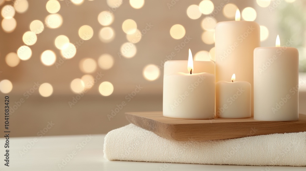 Cozy candles glowing softly on a wooden tray with a towel, background bokeh lights. Cozy candles glowing softly on a wooden tray with a towel, background bokeh lights.