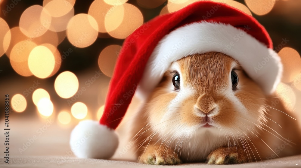 Cute bunny wearing a Santa hat on a festive background with bokeh lights. Cute bunny wearing a Santa hat on a festive background with bokeh lights.