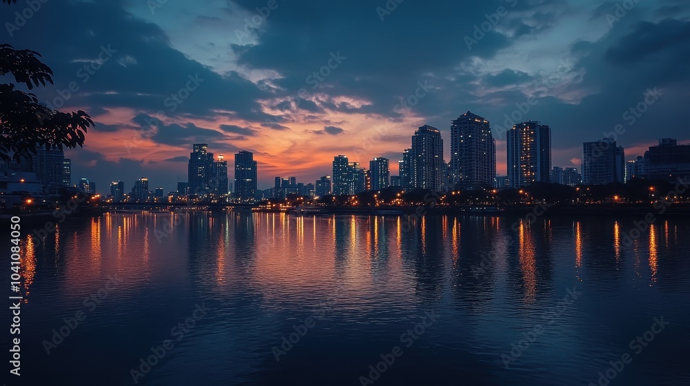 Urban Skyline at Twilight with City Lights Reflections Urban Skyline at Twilight with City Lights Reflections
