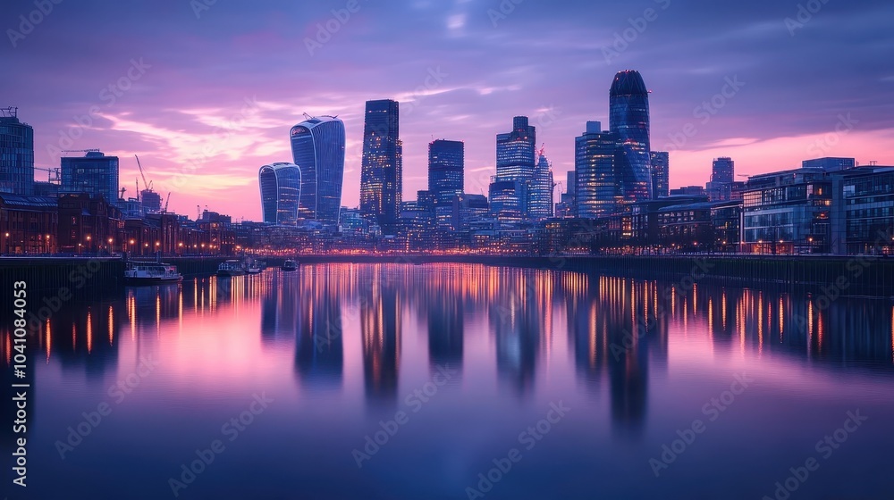 Fototapeta premium Twilight Urban Skyline with City Lights Reflection