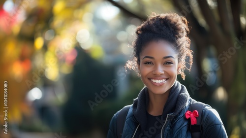 A smiling woman standing outdoors, wearing a red AIDS ribbon pinned to her jacket