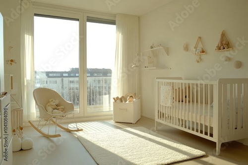White nursery room with crib, rocking chair, and large windows overlooking the city.