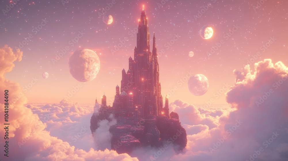 Naklejka premium Majestic Castle Floating in the Sky at Sunset