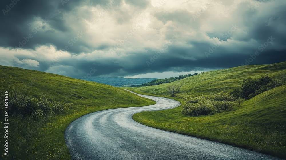 Winding Road Through Green Hills Under Stormy Sky Winding Road Through Green Hills Under Stormy Sky