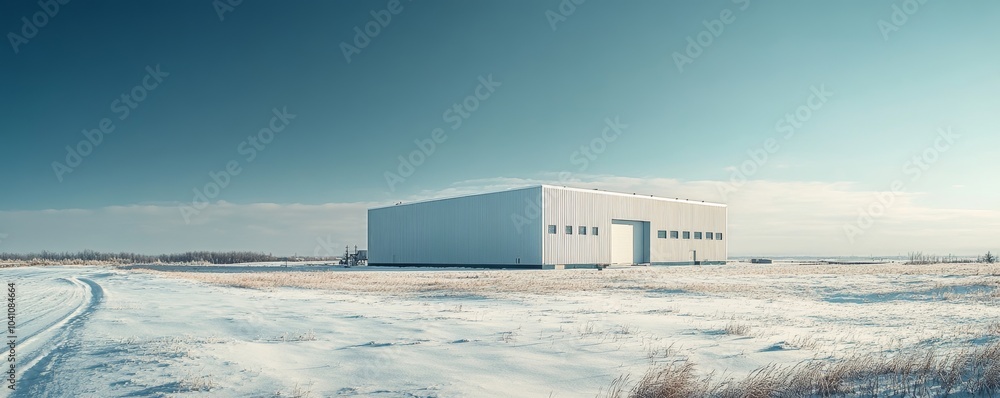 Data center building with solar panels in snow