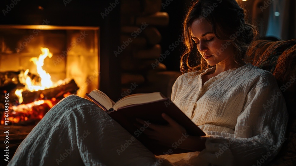 Relaxing by the fire, a woman in a cozy nightgown enjoys a quiet evening with a book in hand. Relaxing by the fire, a woman in a cozy nightgown enjoys a quiet evening with a book in hand.
