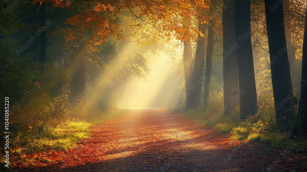 Obraz premium Autumn Trail in a Dappled Forest of Colorful Leaves