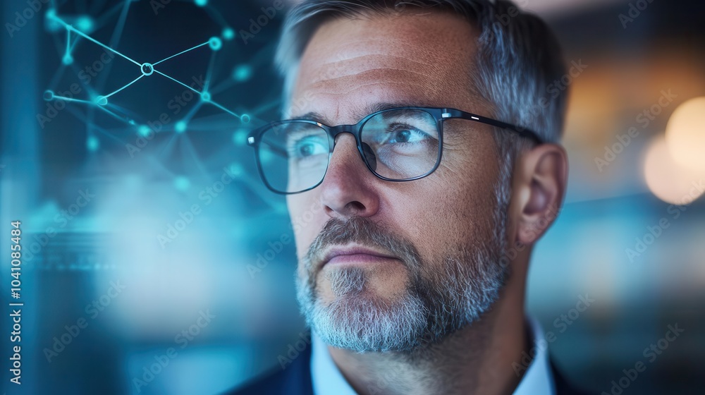 A thoughtful businessman gazing into the future, surrounded by digital data connections, representing innovation and technology. A thoughtful businessman gazing into the future, surrounded by digital data connections, representing innovation and technology.