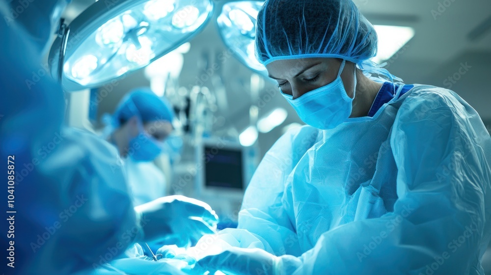 Preparing for surgery, a surgeon in a sterile gown checks equipment and ensures everything is ready for the procedure. Preparing for surgery, a surgeon in a sterile gown checks equipment and ensures everything is ready for the procedure.