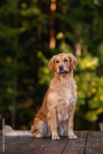 beautiful dog golden retriever labrador in autumn in nature at sunset