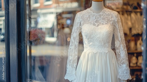 A vintage wedding gown displayed in a bridal shop window, with classic lace detailing and long flowing sleeves.