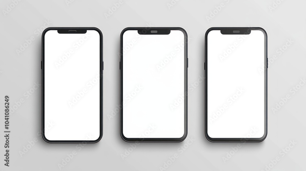 Three Black Smartphones with Blank Screens on Grey Background Three Black Smartphones with Blank Screens on Grey Background