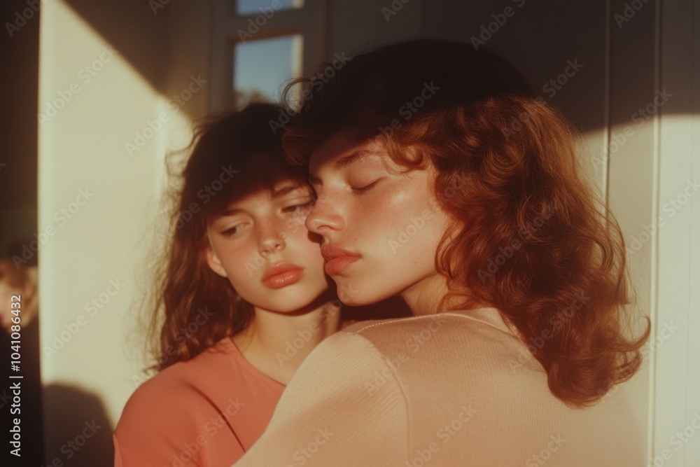 Fototapeta premium Two teenage girls sharing tender moment at sunset
