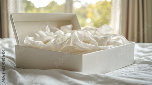 A large white wedding gown box sits on a bed, with the lid open to reveal layers of delicate fabric neatly folded inside.