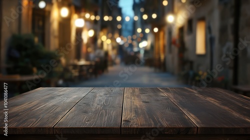 Blank wooden table top on blurred european city night cafe mockup background, evening. empty old wooden table with interior restaurant in soft focus in the background.