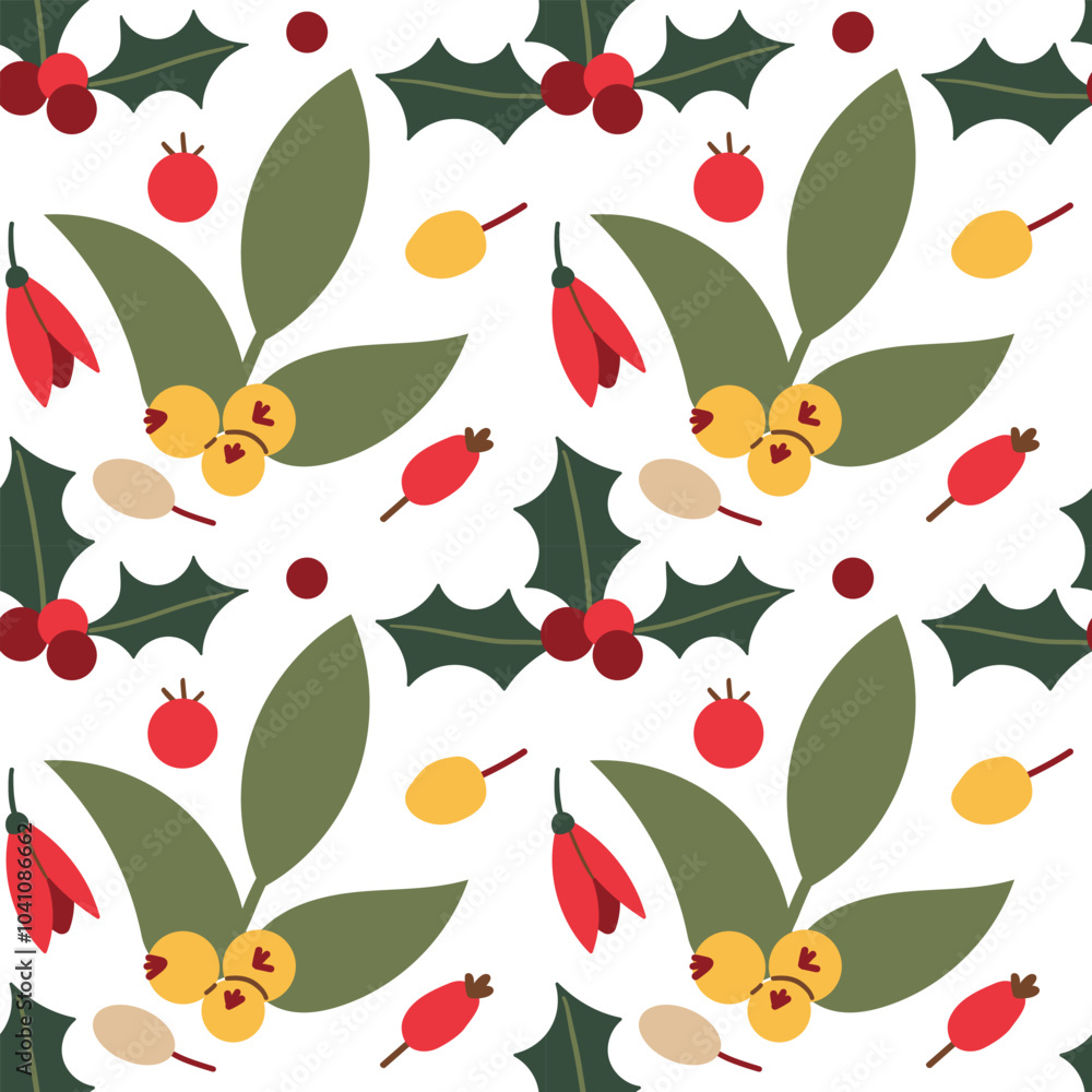 Vector New Year pattern. New Year hand drawn berries, red berries, green leaves on white background for Christmas and winter paper and textile print. Vector New Year pattern. New Year hand drawn berries, red berries, green leaves on white background for Christmas and winter paper and textile print.