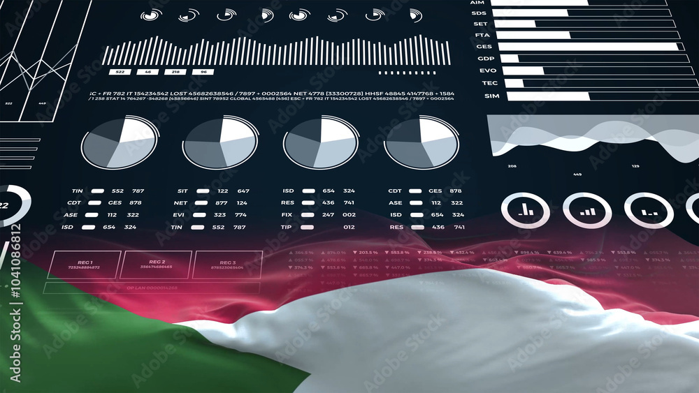 Sudan flag - Waving flag on report analytics data statement Sudan flag - Waving flag on report analytics data statement