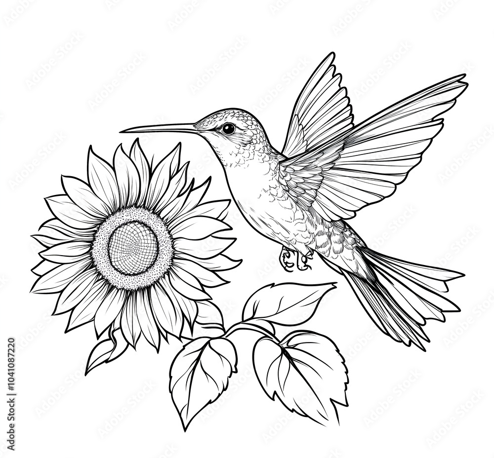 Fototapeta premium Line art hummingbird with sunflower tattoo design, white background