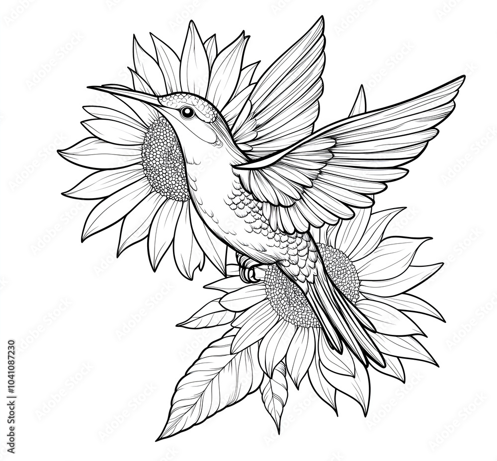 Obraz premium Line art hummingbird with sunflower tattoo design, white background