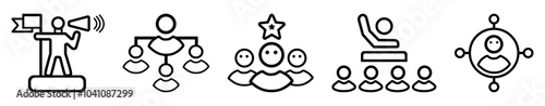 Leadership icon lineart set. Human organization leader structure hierarchy. Mentorship, coaching, charisma, head, lead, chairman, manager. Vector illustration.