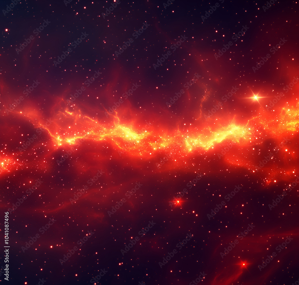 Fototapeta premium Red background, red light rays, stars, galaxy