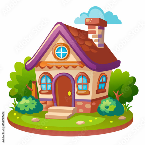 Charming Cartoon House Illustration with Lush Greenery and Blue Sky