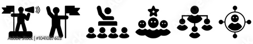 Leadership icon set. Human organization leader structure hierarchy. Mentorship, coaching, charisma, head, lead, chairman, manager. Vector illustration.