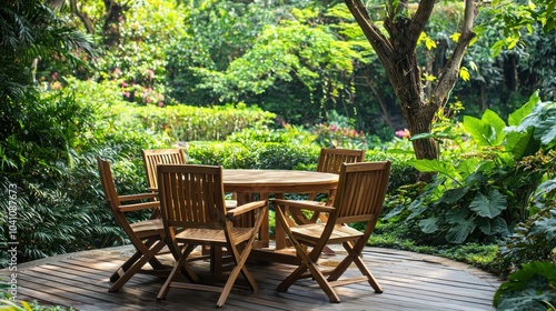 A wooden patio set in a beautiful garden, perfect for enjoying an outdoor meal in a serene natural setting.