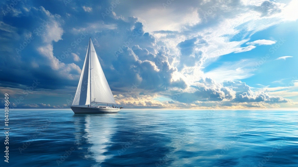 Obraz premium Serene landscape of a sailboat gliding across a calm lake at sunset with a scenic mountain backdrop and reflective water, perfect for nautical-themed designs, nature photography, and peaceful outdoor 