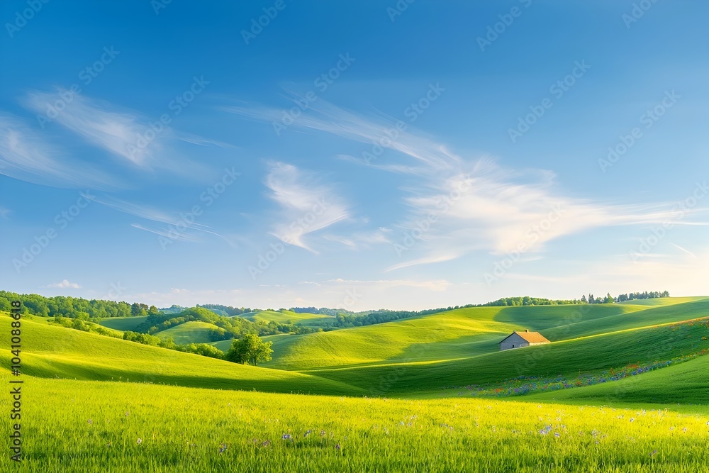 Obraz premium Idyllic Pastoral Countryside Landscape With Rolling Hills Wildflowers and Farmhouse Under Serene Sky
