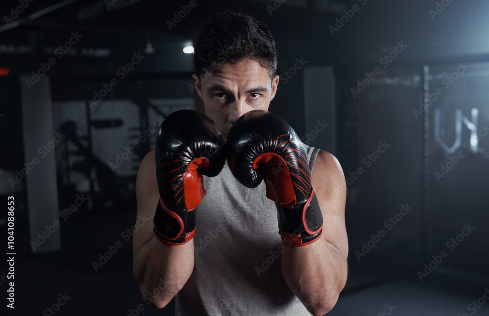 Portrait, man and boxing with gloves at gym for fitness workout, sports training and mma challenge. Male boxer, fist punch and strong muscle for self defence, fight performance and combat competition Portrait, man and boxing with gloves at gym for fitness workout, sports training and mma challenge. Male boxer, fist punch and strong muscle for self defence, fight performance and combat competition