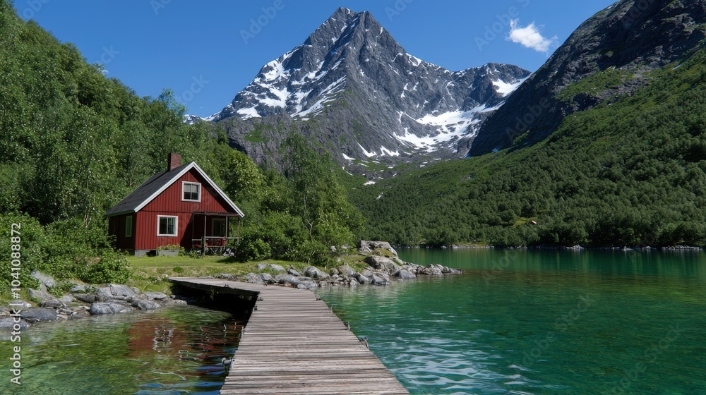 Red Cabin on a Lake with Snowy Mountains in the Background Red Cabin on a Lake with Snowy Mountains in the Background