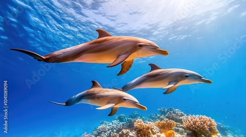 Dolphins swimming gracefully in clear blue ocean water.