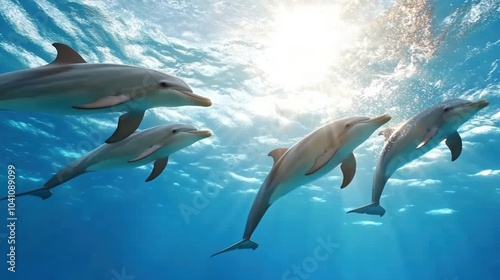 Dolphins swimming gracefully in clear blue ocean waters.