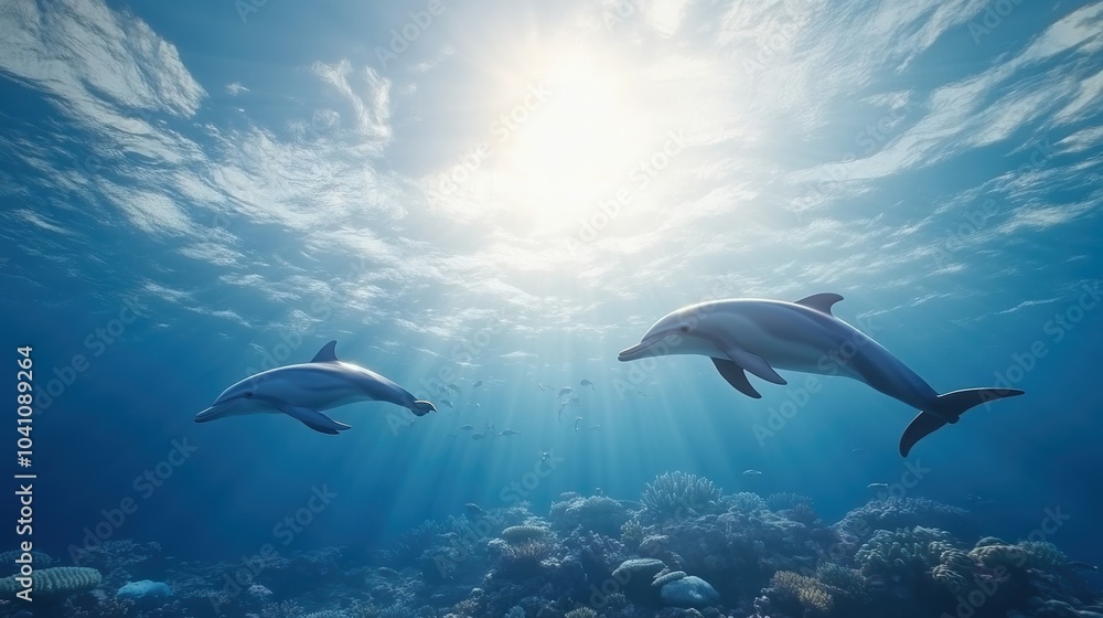 Fototapeta premium Dolphins swimming gracefully through clear blue water, sun rays illuminating the scene.