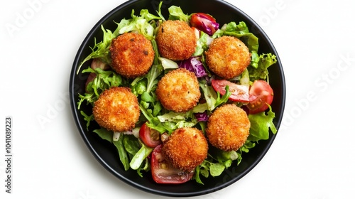 A black plate with a salad of fresh lettuce, cherry tomatoes and crispy fried cheese balls.