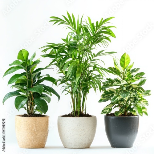 Three different indoor plants displayed in pots, set against a white background. isolated on white background. 