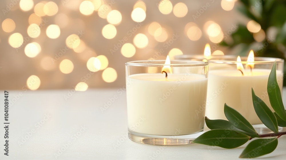 Elegant candles lit on a table, surrounded by greenery, creating a warm ambiance. Elegant candles lit on a table, surrounded by greenery, creating a warm ambiance.