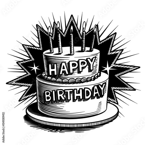 Happy birthday cake illustration, black and white, celebration and party concept