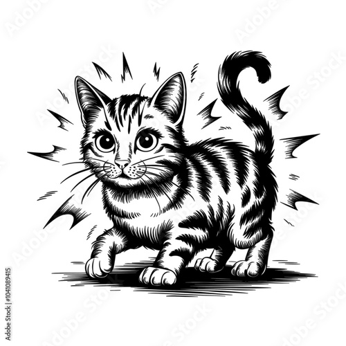 Playful kitten illustration, black and white, pet and companionship concept