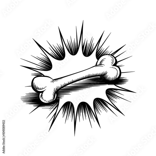 Bone illustration, black and white, pet care and paleontology symbol